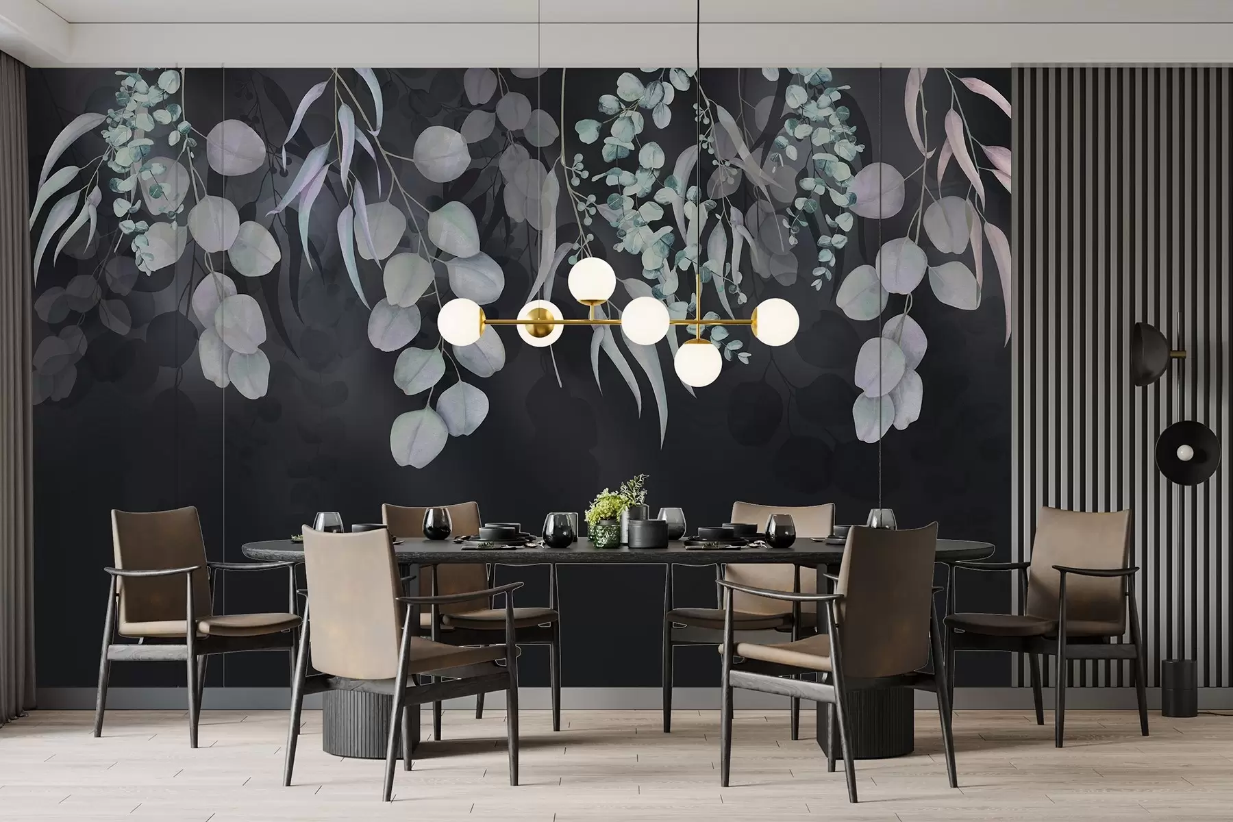 Carta da parati Moderno Foglie tropicali sullo sfondo blu scuro, floreali n. w03752v2