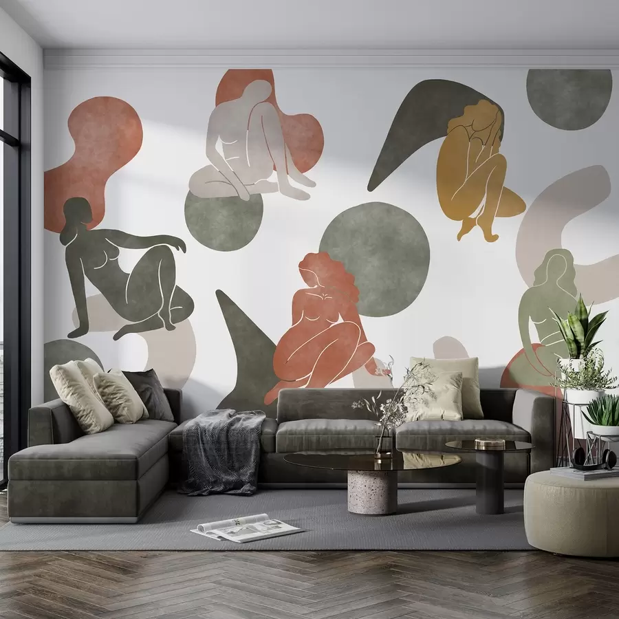 carta da parati Astrazioni geometriche con silhouette femminili, stile boho, marrone, beige, verde nr. w03753