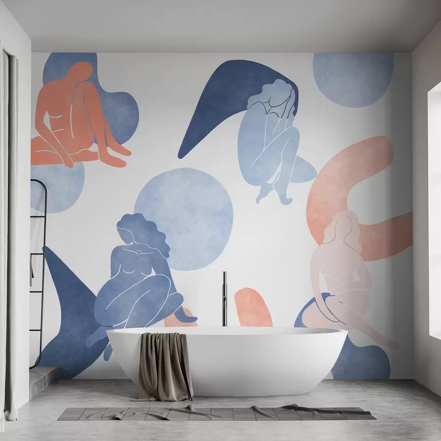 carta da parati Astrazioni geometriche con silhouette femminili, stile boho, blu, beige, rosa nr. w03753v1