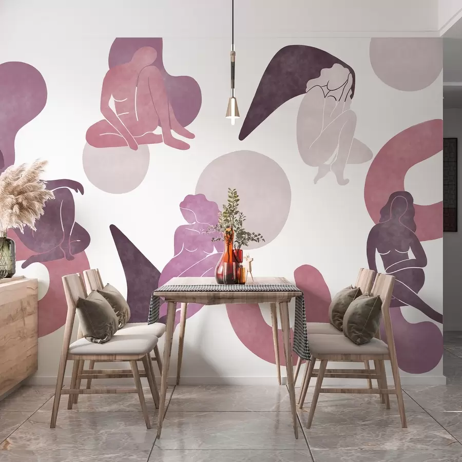 carta da parati Astrazioni geometriche con silhouette femminili, stile boho, rosa, beige, viola nr. w03753v3