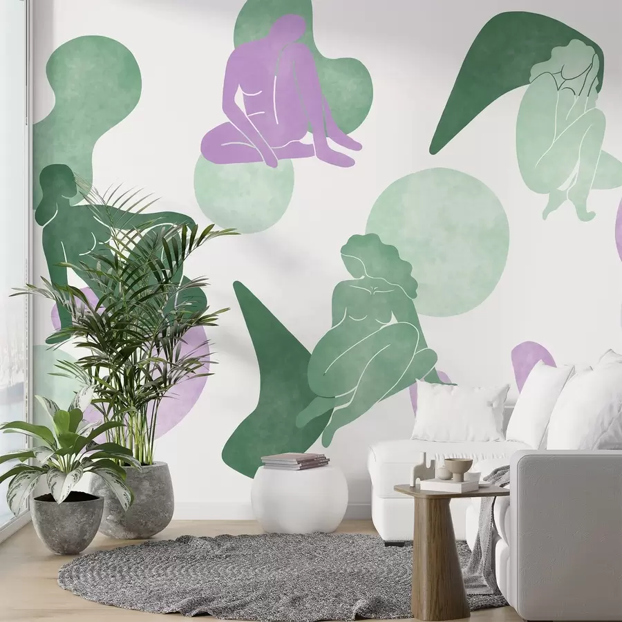 carta da parati Astrazioni geometriche con silhouette femminili, stile boho, viola, verde nr. w03753v4