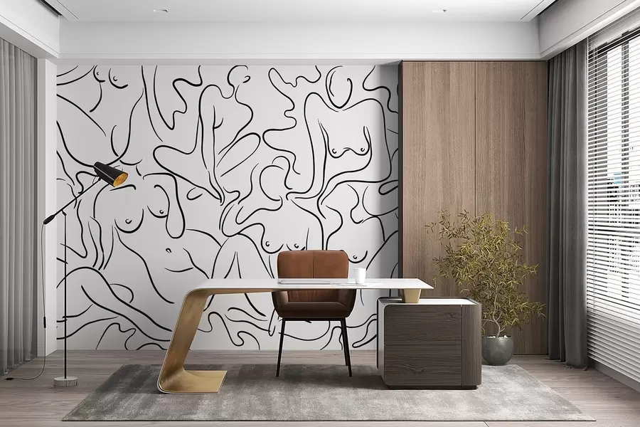 carta da parati Disegno lineare di silhouette di corpi femminili, astrazione, colore nero nr. w03755