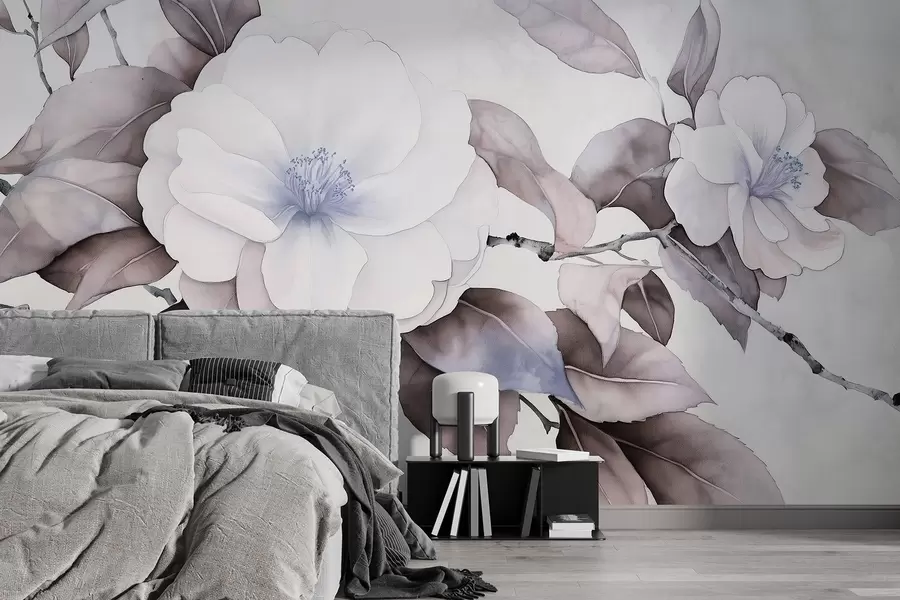 Carta da parati Floreale Fiori di camelia in stile acquerello sul ramo, colori viola n. w03761v1