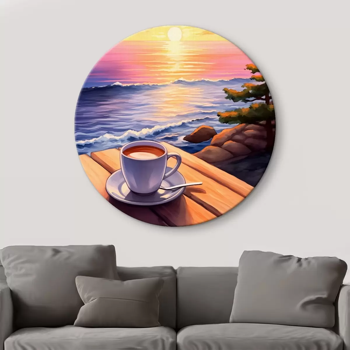 Quadri rotondi Tazza di caffè sullo sfondo del paesaggio r44105
