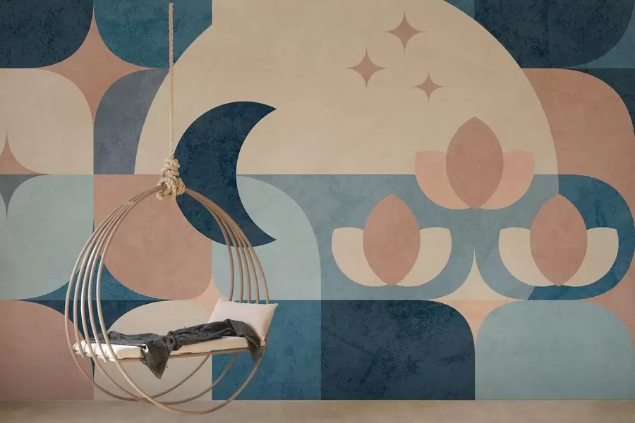 carta da parati astrazione geometrica, dove le forme morbide si intrecciano dolcemente con i simboli della luna, dei fiori e delle stelle nr. w03723