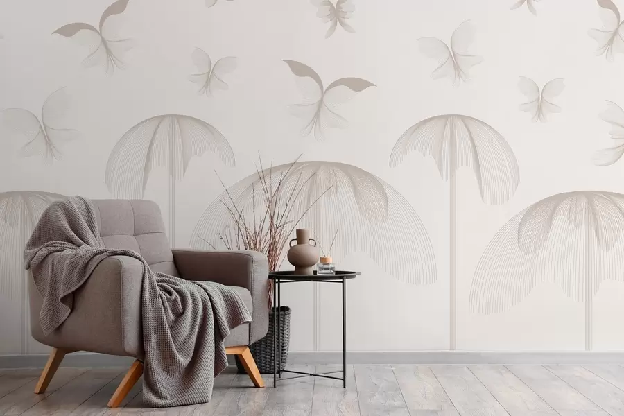 carta da parati carta da parati lineare minimalista con farfalle e fontane su uno sfondo lattiginoso nr. w03762