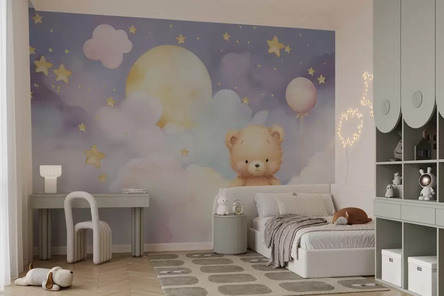 Carta da parati per Bambini Simpatico orso su una nuvola con luna e stelle 