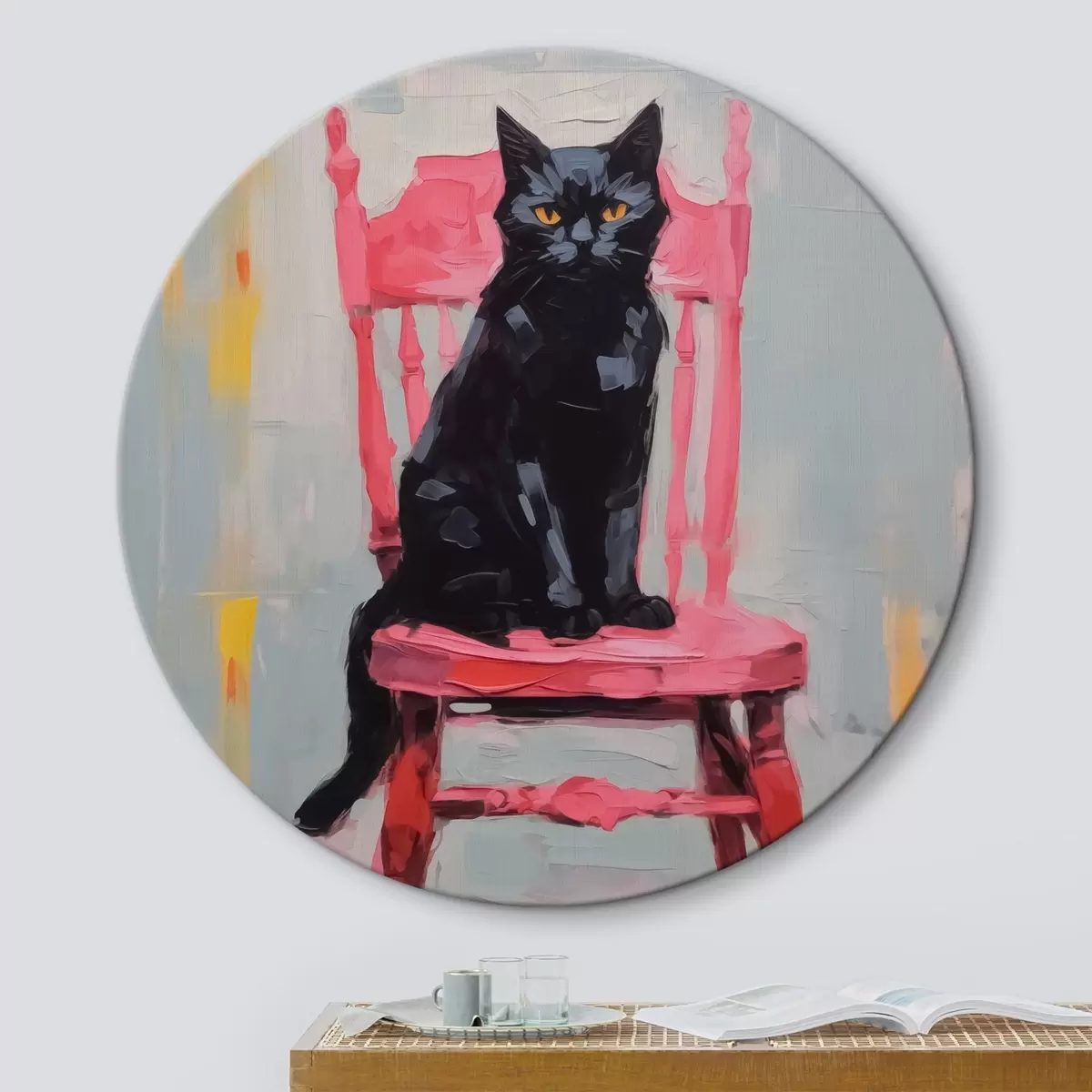 Quadri rotondi Gatto nero su una sedia r44130