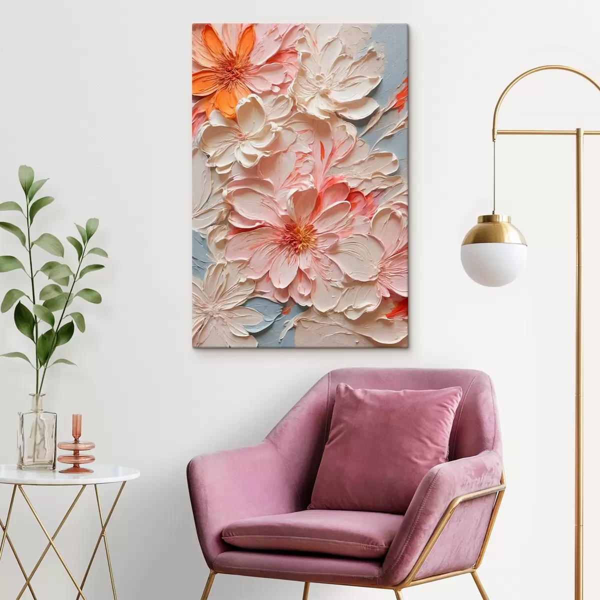 carta da parati Fiori bianchi e rosa su sfondo blu in stile pittura ad olio nr. s44074