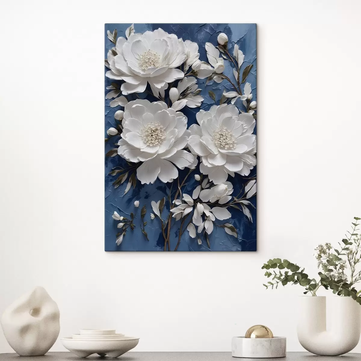carta da parati Fiori bianchi su sfondo blu dipinto ad olio nr. s44091