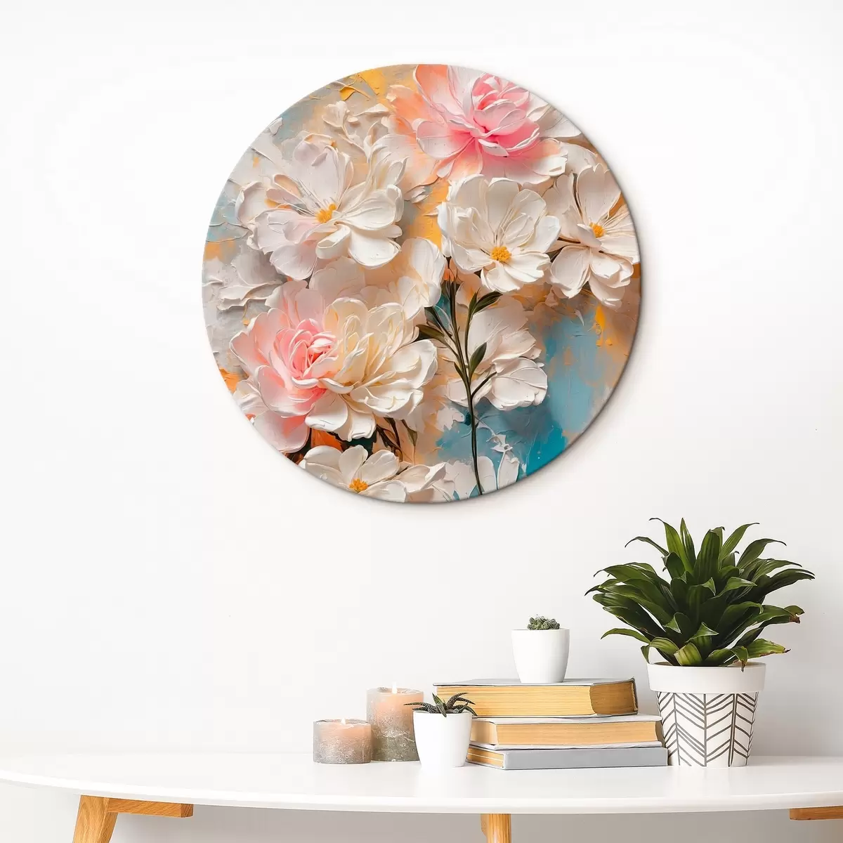 Quadri rotondi Fiori bianchi e rosa su sfondo astratto r44066