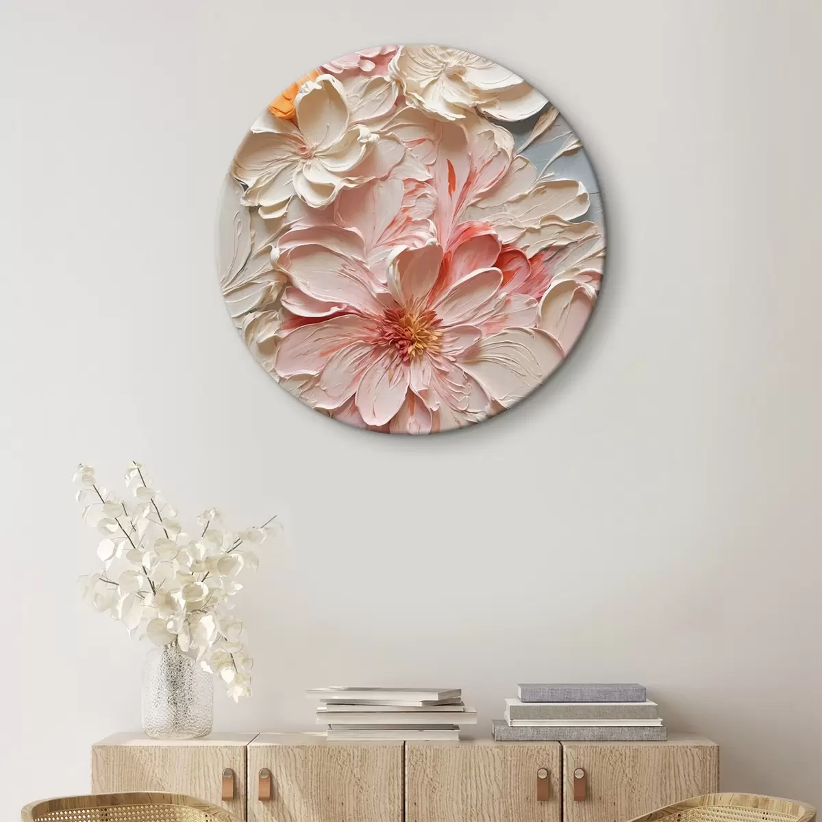 Quadri rotondi Fiori bianchi e rosa su sfondo blu in stile pittura ad olio r44074