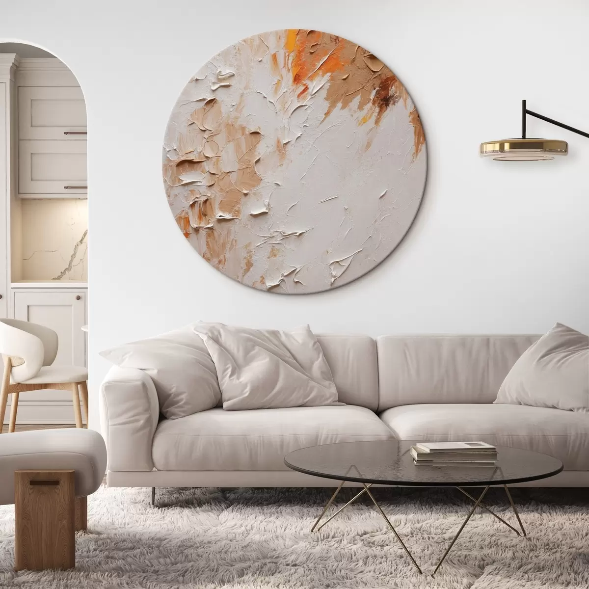 Quadri rotondi Pittura ad olio astratta con colori bianchi e marroni r44076