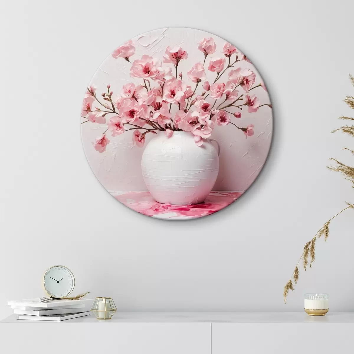 Quadri rotondi Fiori rosa in vaso grande bianco r44081