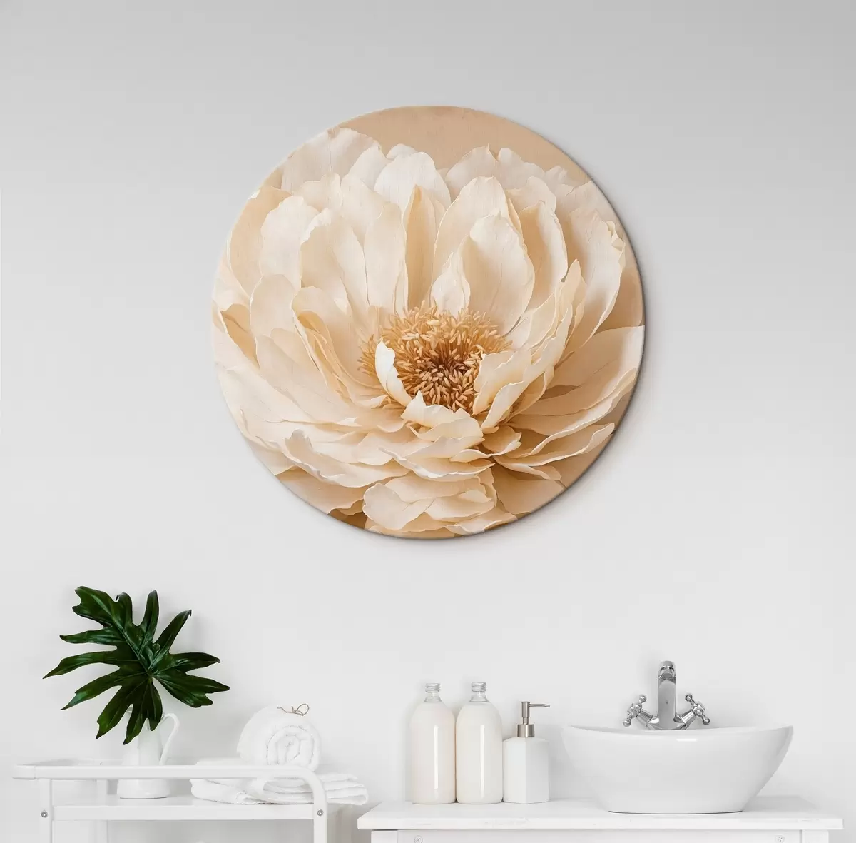 Quadri rotondi Fiore bianco su sfondo beige r44094
