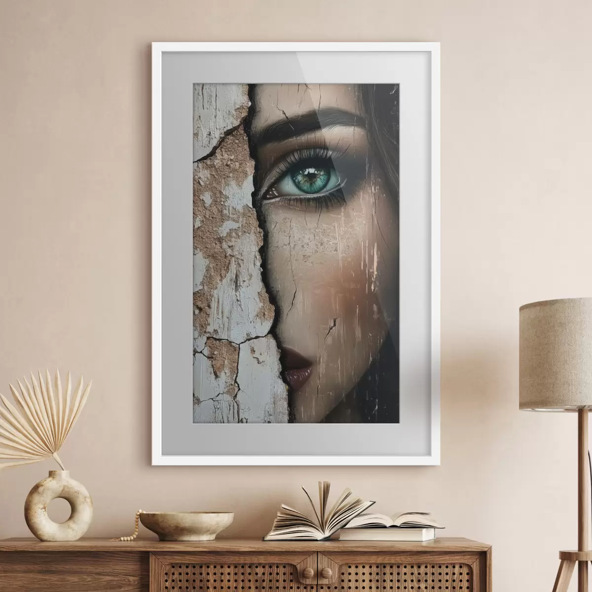 Poster Volto di ragazza dietro un vecchio muro f44069