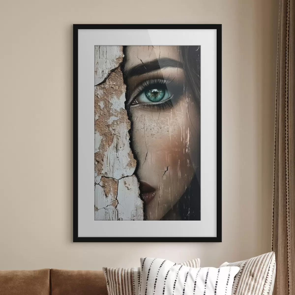 Poster Volto di ragazza dietro un vecchio muro f44069