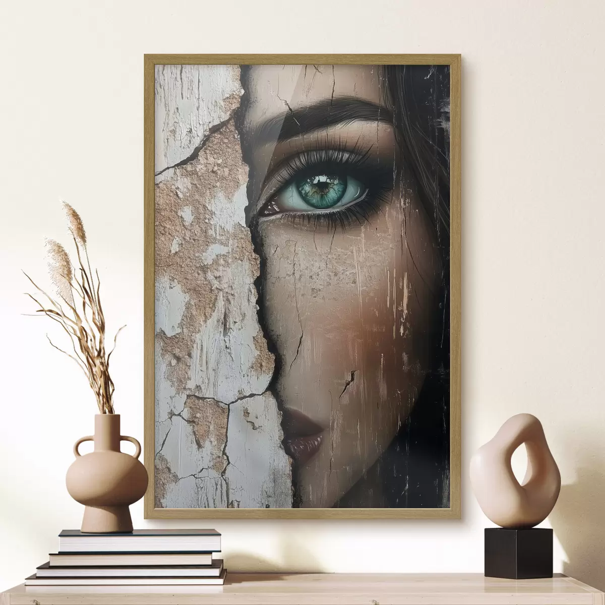 Poster Volto di ragazza dietro un vecchio muro f44069