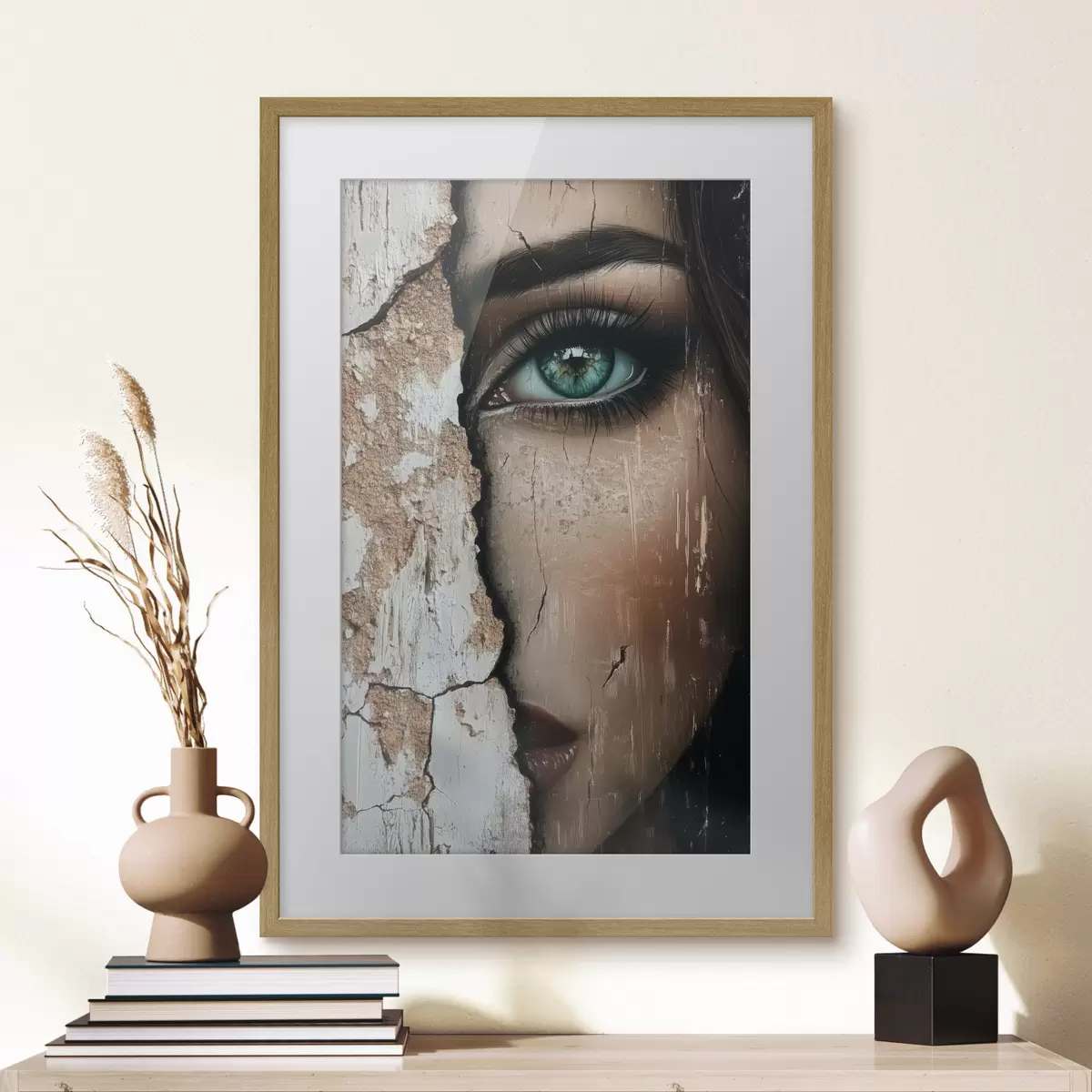 Poster Volto di ragazza dietro un vecchio muro f44069