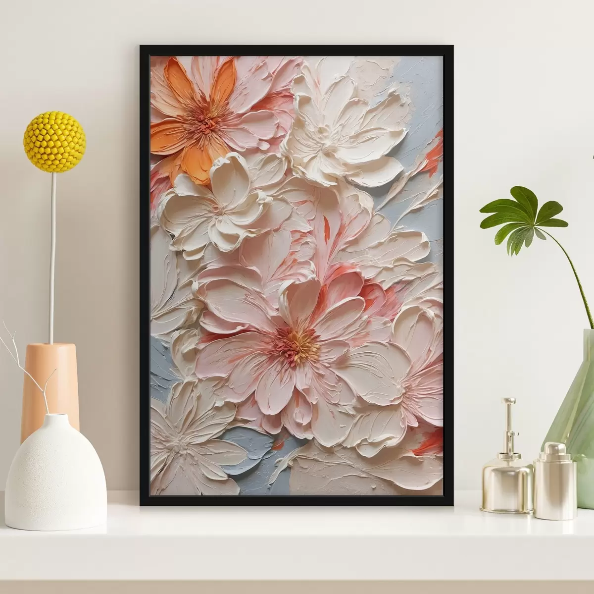 Poster Fiori bianchi e rosa su sfondo blu in stile pittura ad olio f44074
