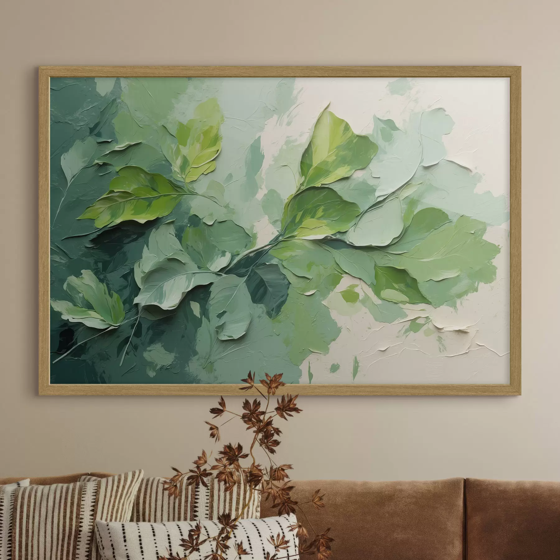 carta da parati Ramo con foglie verdi in stile pittura ad olio nr. f44075