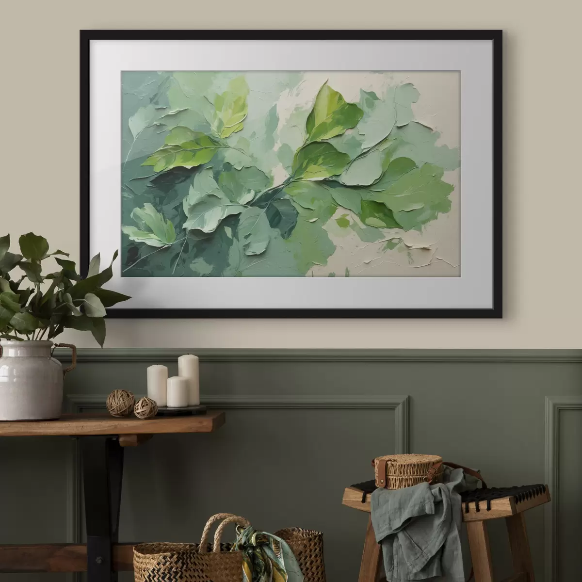 Poster Ramo con foglie verdi in stile pittura ad olio f44075