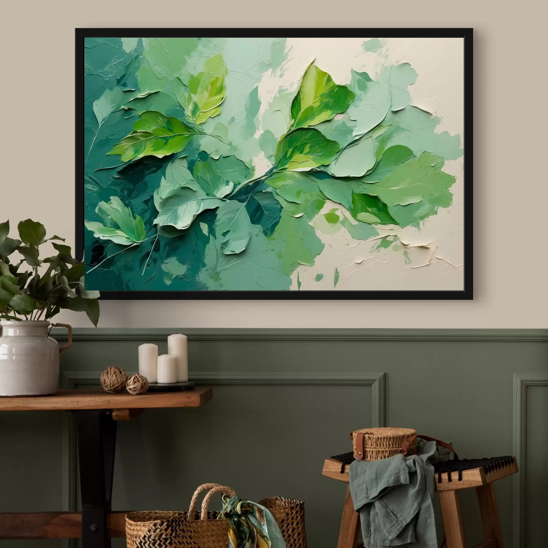 carta da parati Ramo con foglie verdi in stile pittura ad olio nr. f44075