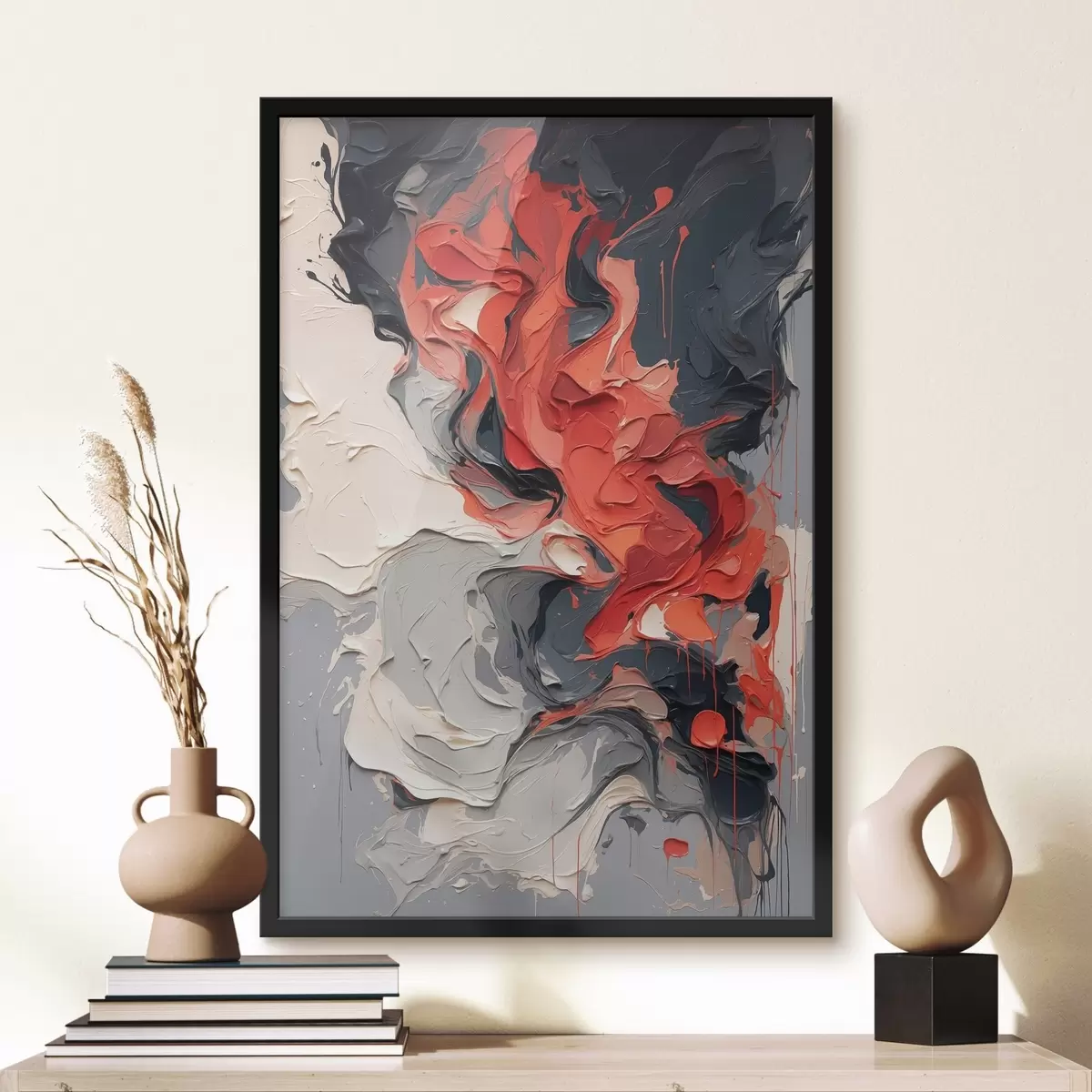 Poster Pittura ad olio astratta con colori rosso, nero e grigio f44079