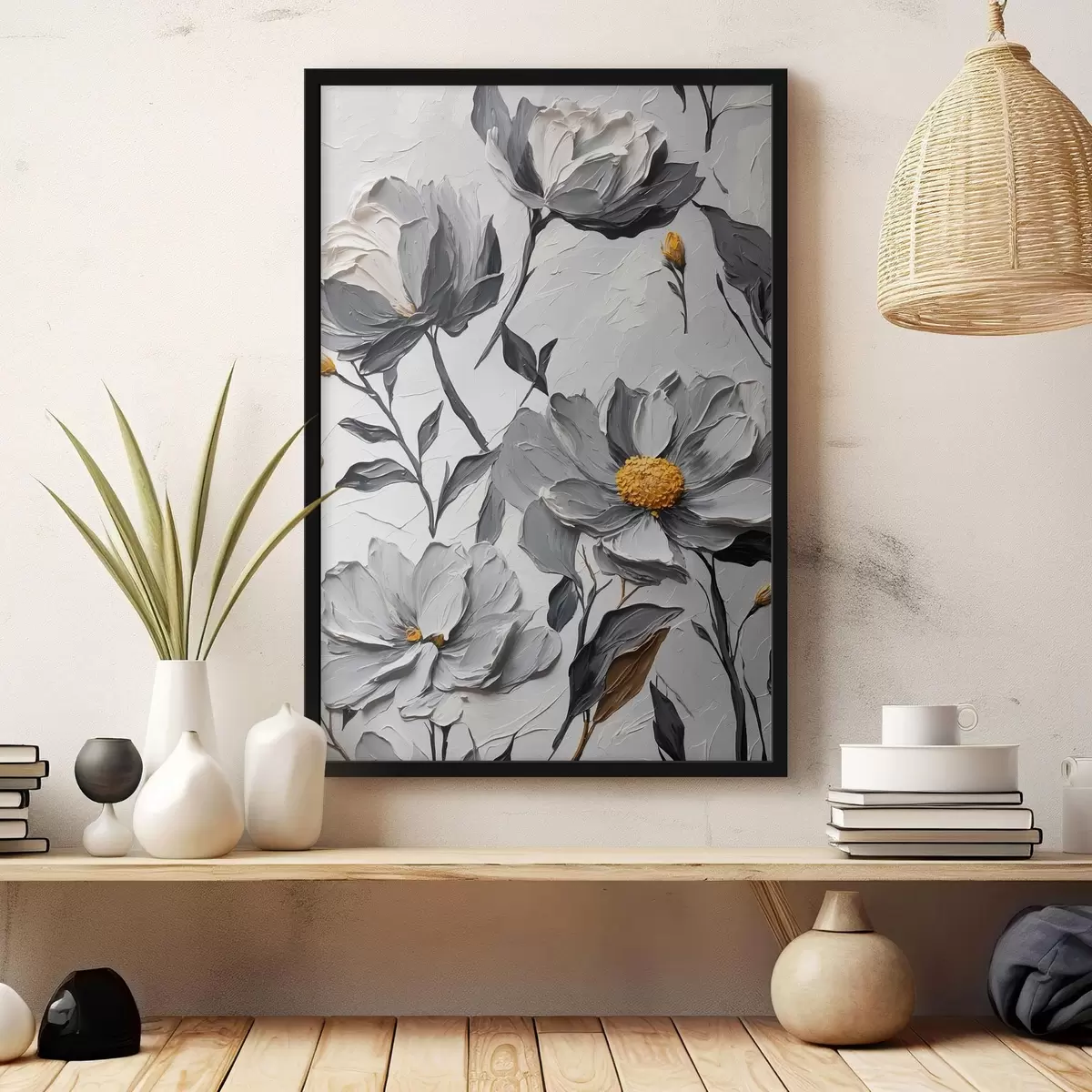 Poster Fiori grigi su sfondo grigio in stile pittura ad olio f44080