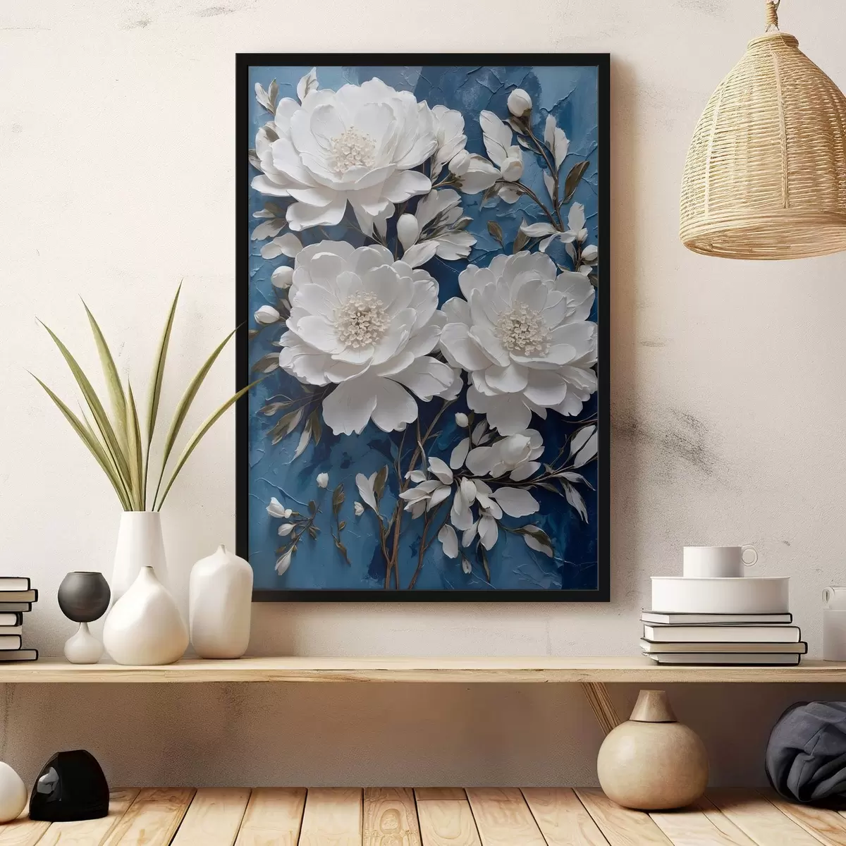 Poster Fiori bianchi su sfondo blu dipinto ad olio f44091