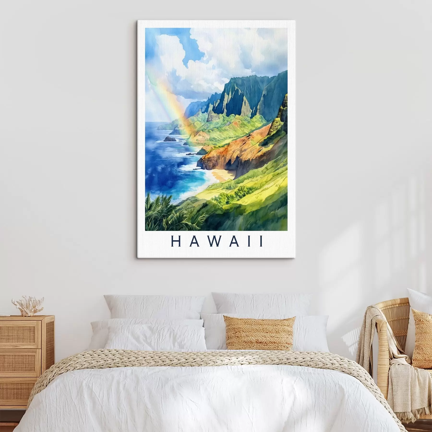carta da parati Isola delle Hawaii, stile acquerello, arcobaleno, montagne verdi, oceano nr. s44141
