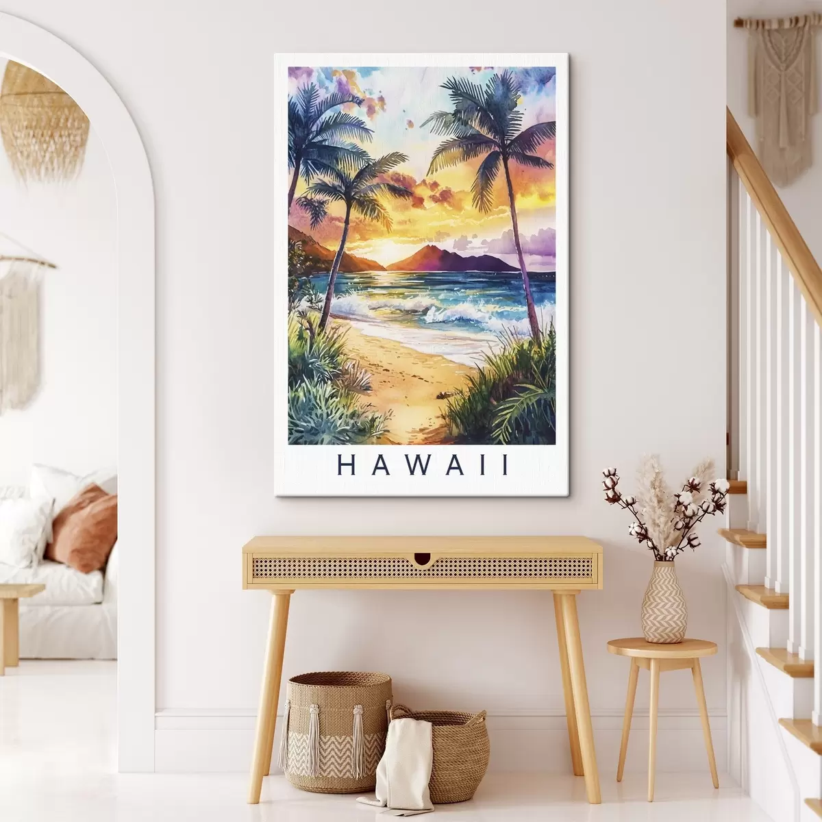 carta da parati Tramonto sull'isola delle Hawaii, palme, oceano, cielo colorato, stile acquerello nr. s44142