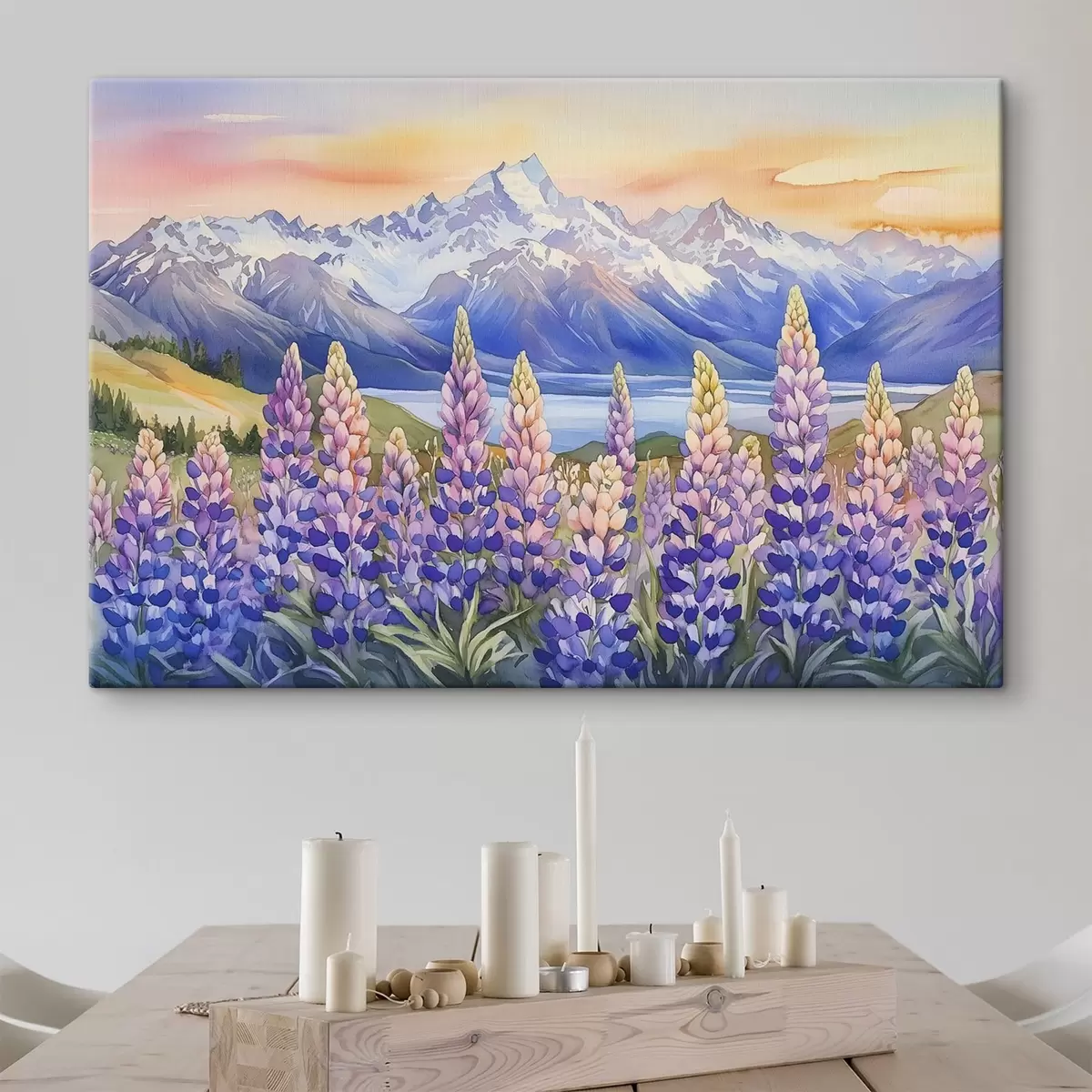 carta da parati Fiori di lupino, prato, montagne, stile acquerello, cielo al tramonto nr. s44146