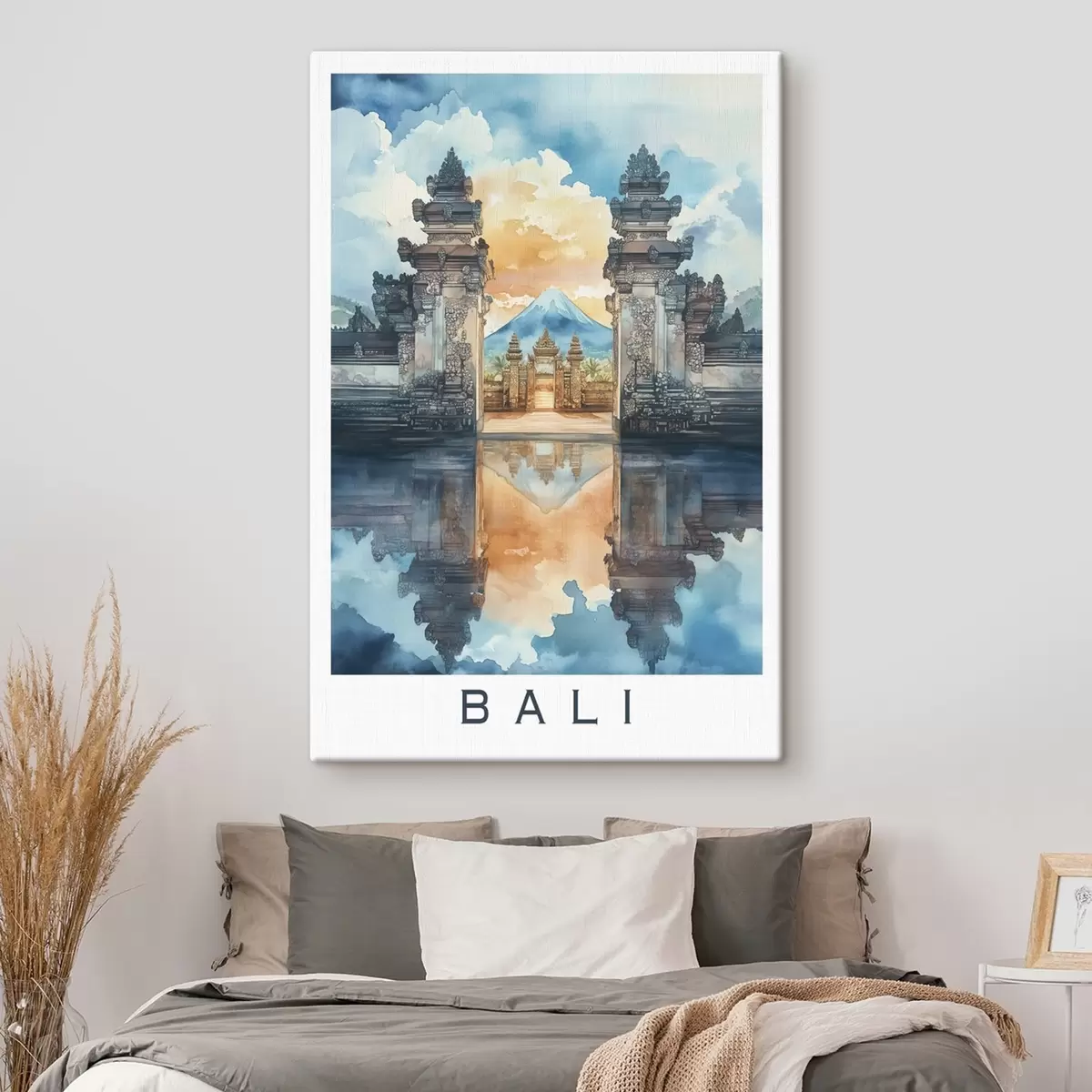 carta da parati Estetica di Bali, tempio, cielo al tramonto, natura tropicale, stile acquerello nr. s44149