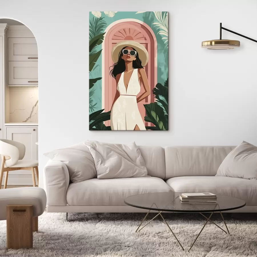 carta da parati Donna con occhiali da sole e cappello, natura tropicale, architettura  nr. s44152