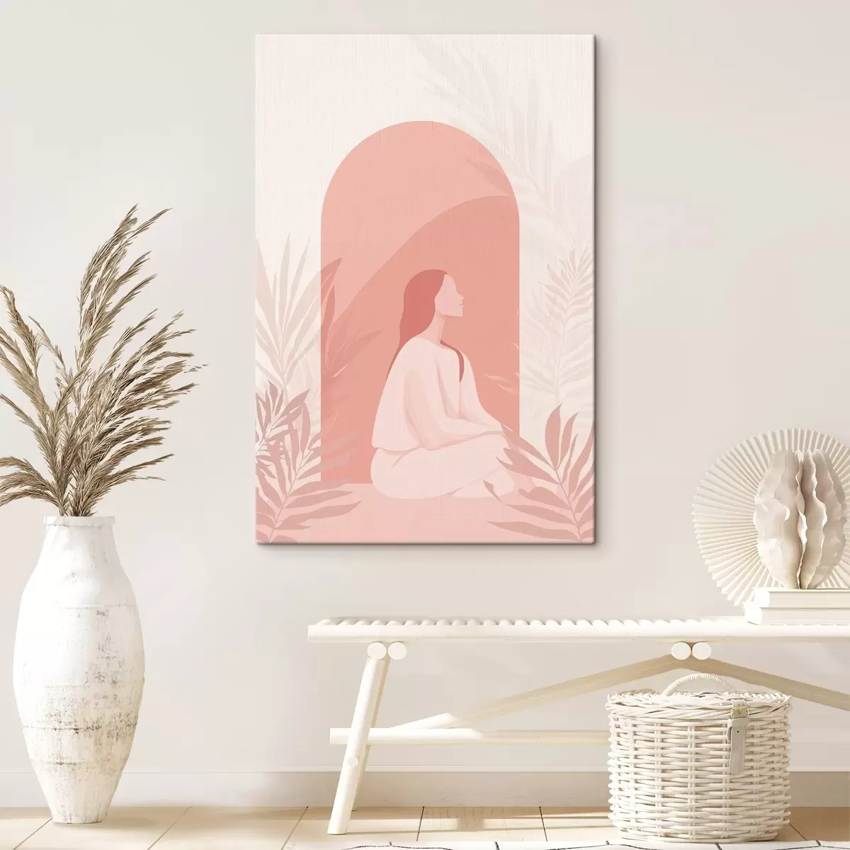 carta da parati Donna in meditazione, stile piatto, piante tropicali, colori rosa nr. s44154
