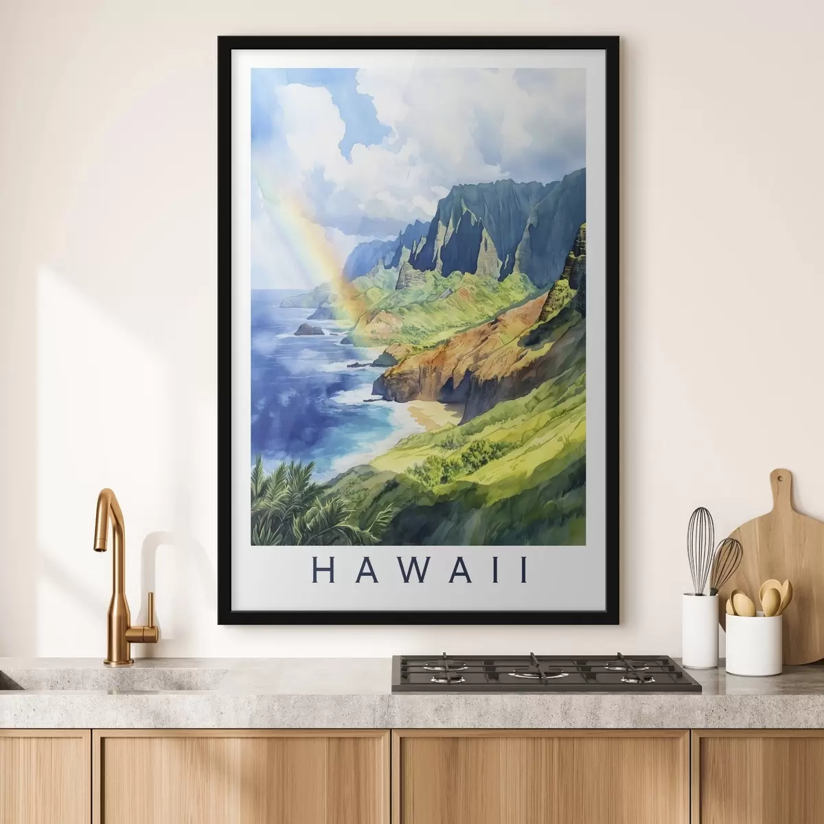 Poster Isola delle Hawaii, stile acquerello, arcobaleno, montagne verdi, oceano f44141