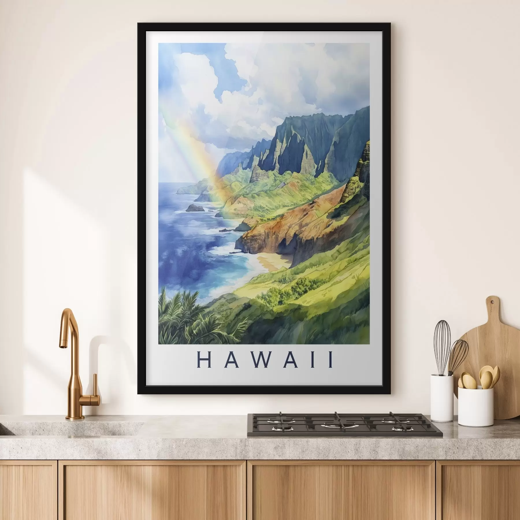 carta da parati Isola delle Hawaii, stile acquerello, arcobaleno, montagne verdi, oceano nr. f44141