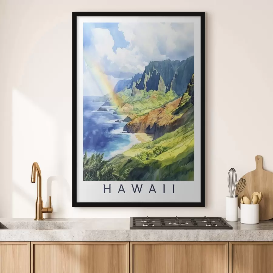 carta da parati Isola delle Hawaii, stile acquerello, arcobaleno, montagne verdi, oceano nr. f44141