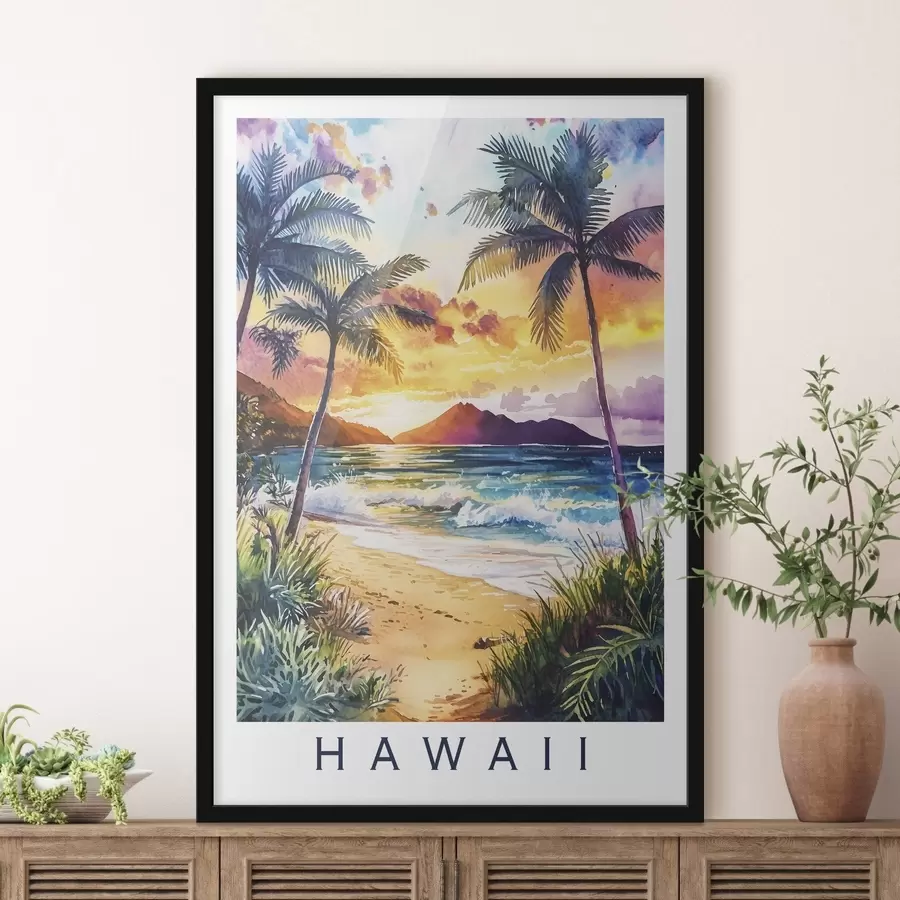 carta da parati Tramonto sull'isola delle Hawaii, palme, oceano, cielo colorato, stile acquerello nr. f44142
