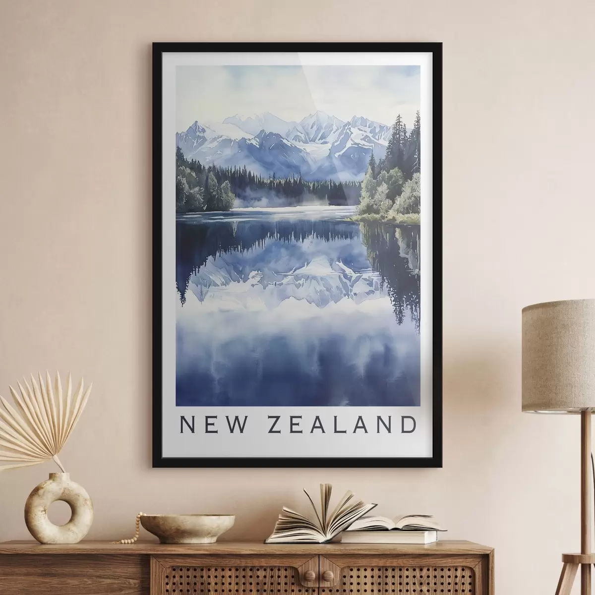 Poster Belle montagne in Nuova Zelanda, stile acquerello, lago, foresta f44144