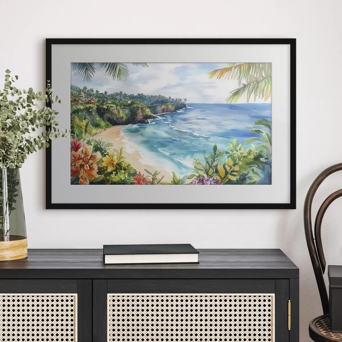 Poster Spiaggia oceanica tropicale, palme, fiori, stile acquerello f44145