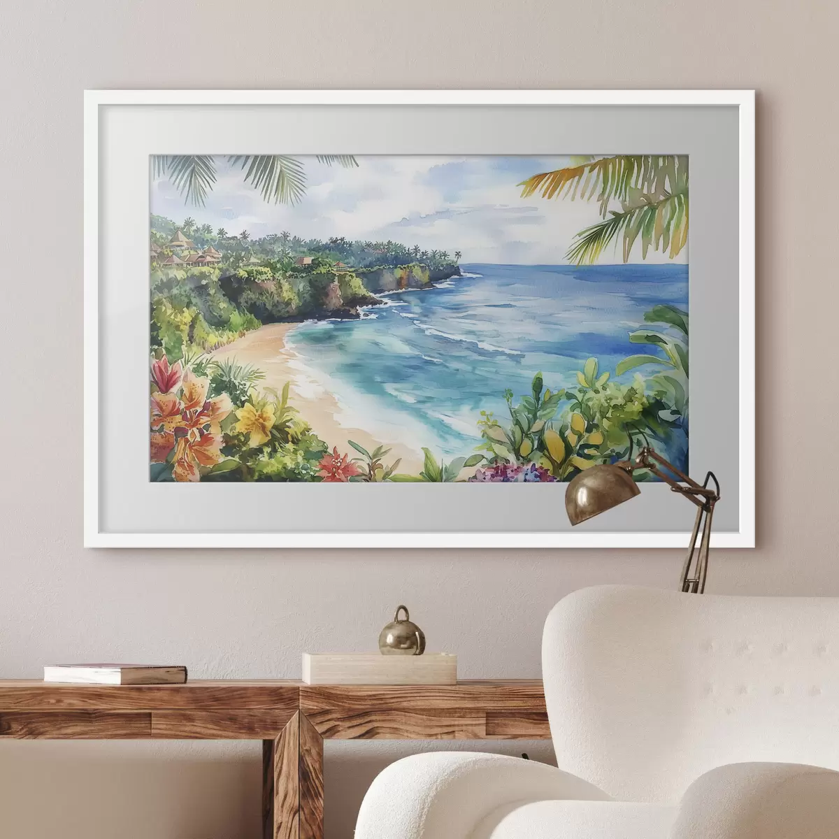 Poster Spiaggia oceanica tropicale, palme, fiori, stile acquerello f44145