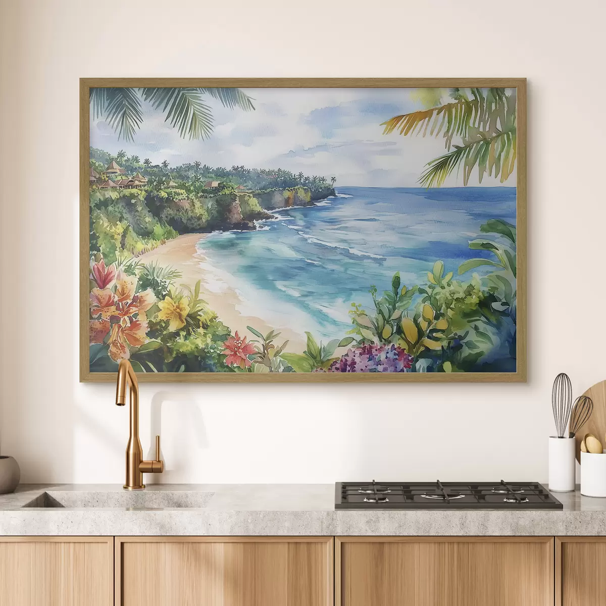 Poster Spiaggia oceanica tropicale, palme, fiori, stile acquerello f44145