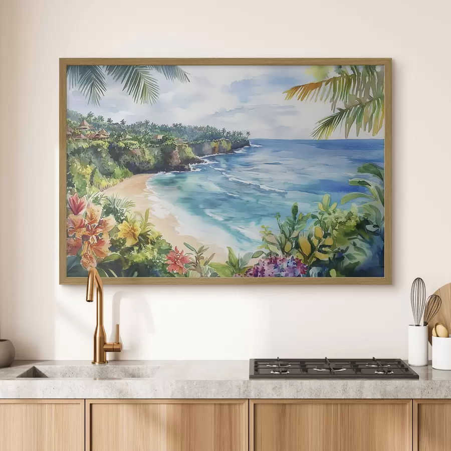 carta da parati Spiaggia oceanica tropicale, palme, fiori, stile acquerello nr. f44145
