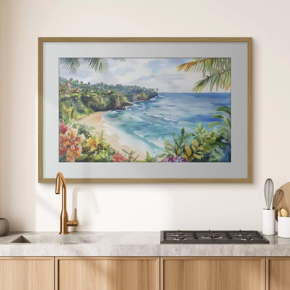 Poster Spiaggia oceanica tropicale, palme, fiori, stile acquerello f44145