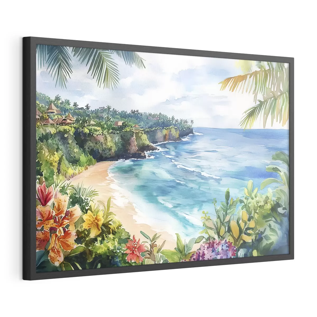 Poster Spiaggia oceanica tropicale, palme, fiori, stile acquerello f44145