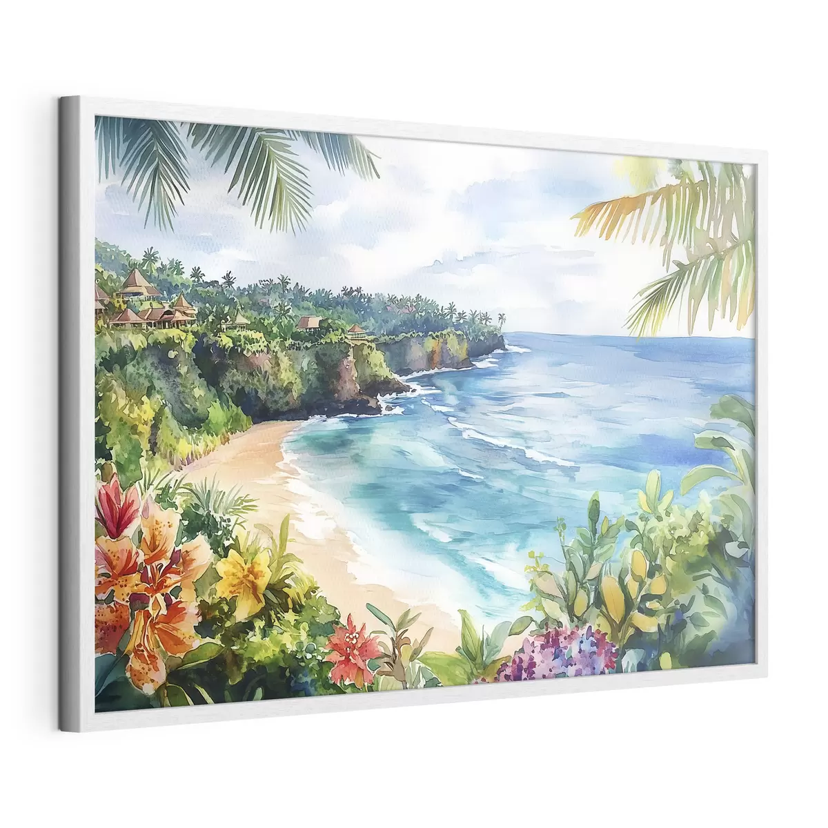 Poster Spiaggia oceanica tropicale, palme, fiori, stile acquerello f44145