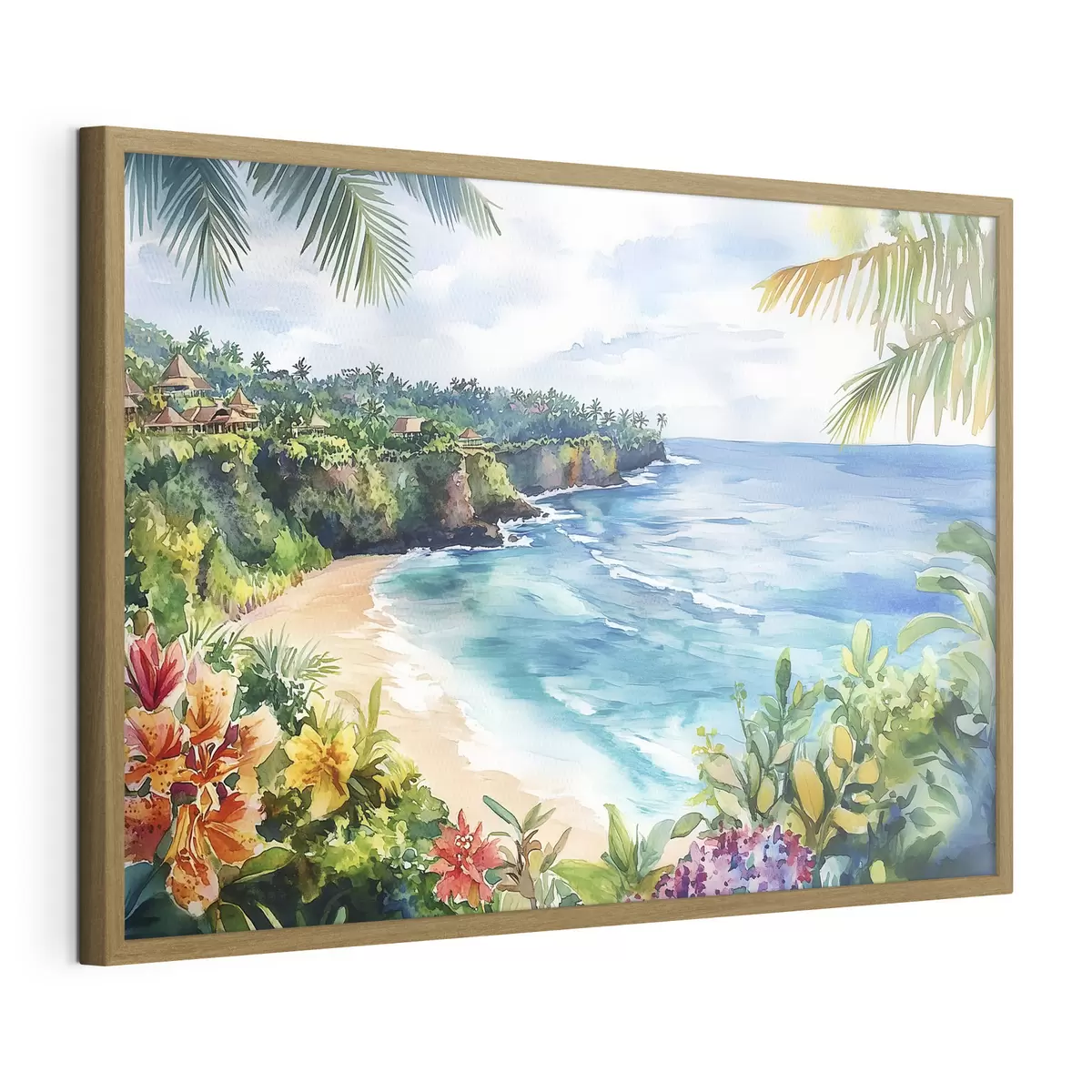 Poster Spiaggia oceanica tropicale, palme, fiori, stile acquerello f44145