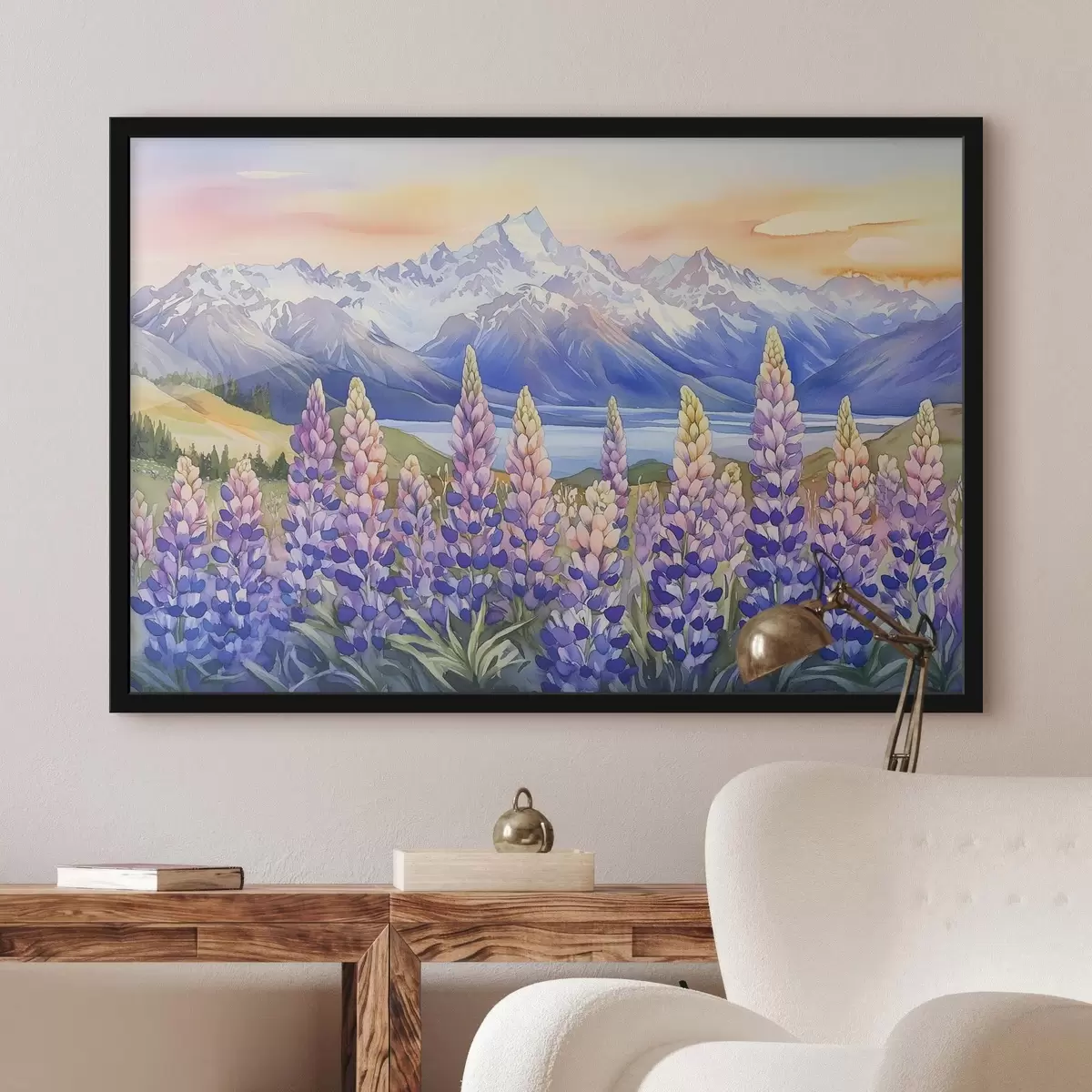 Poster Fiori di lupino, prato, montagne, stile acquerello, cielo al tramonto f44146